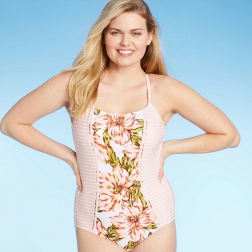 NWT Kona Sol Peach Floral Stripe Classic Coverage Crisscross Back Swimsuit XL